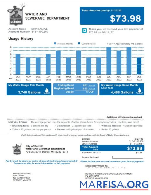 Blank USA Michigan Water and Sewerage Department utility bill, Word and PDF template, 2 pages 1